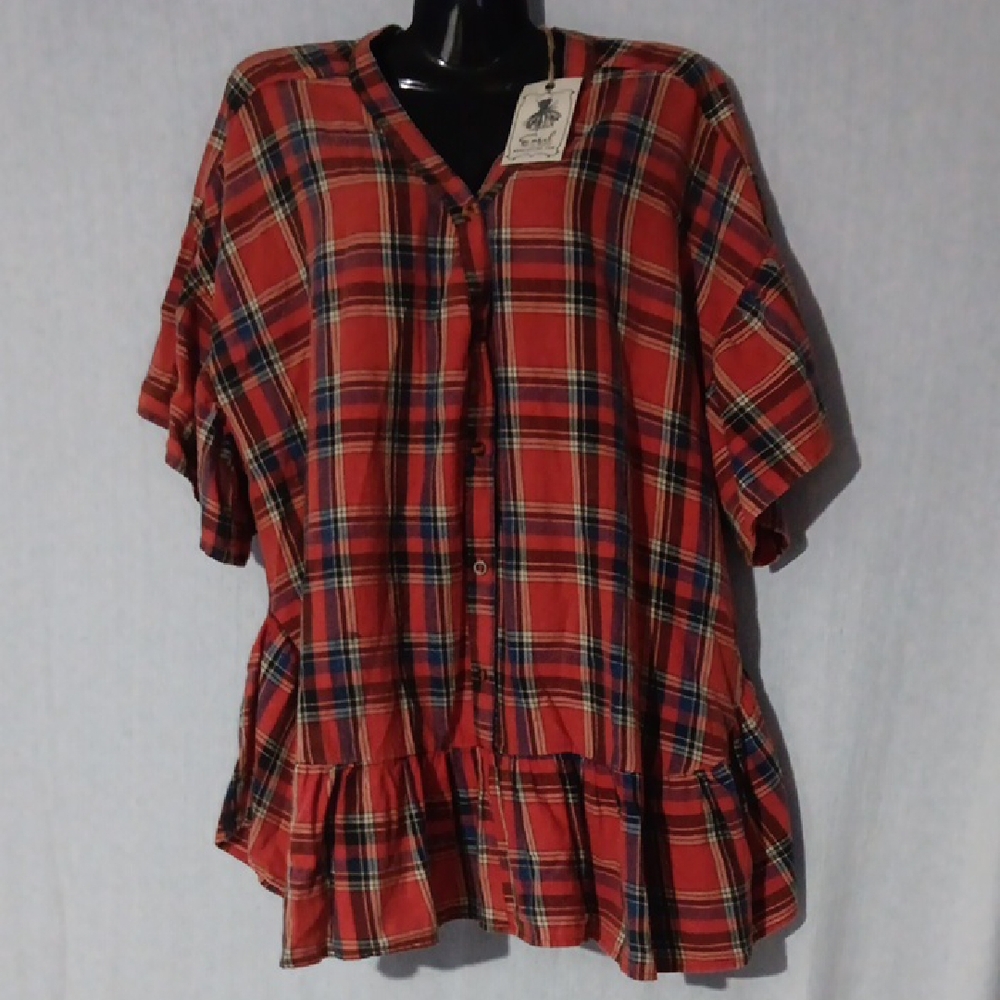Easel Los Angeles Red Blue Plaid Button-Up Blouse Ruffles 1X NWT